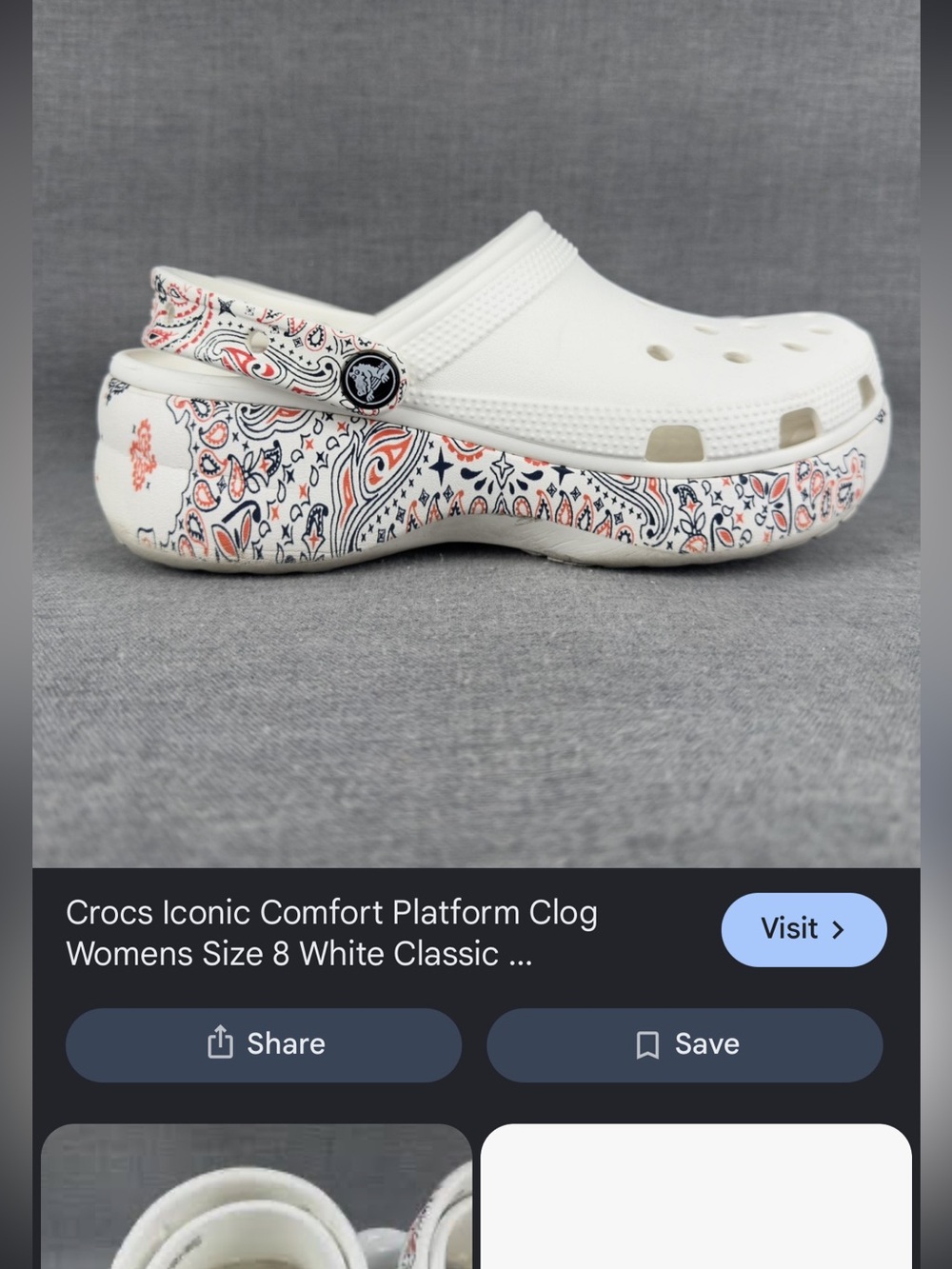 CROCS White Platform Clog with Coral & Navy Paisley Accent